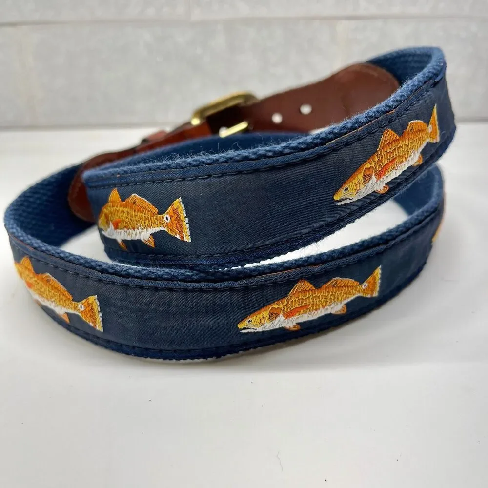 Vtg Leather Man Ltd Mens Trout Redfish Blue Ribbon Brown Leather Belt Size 36 M